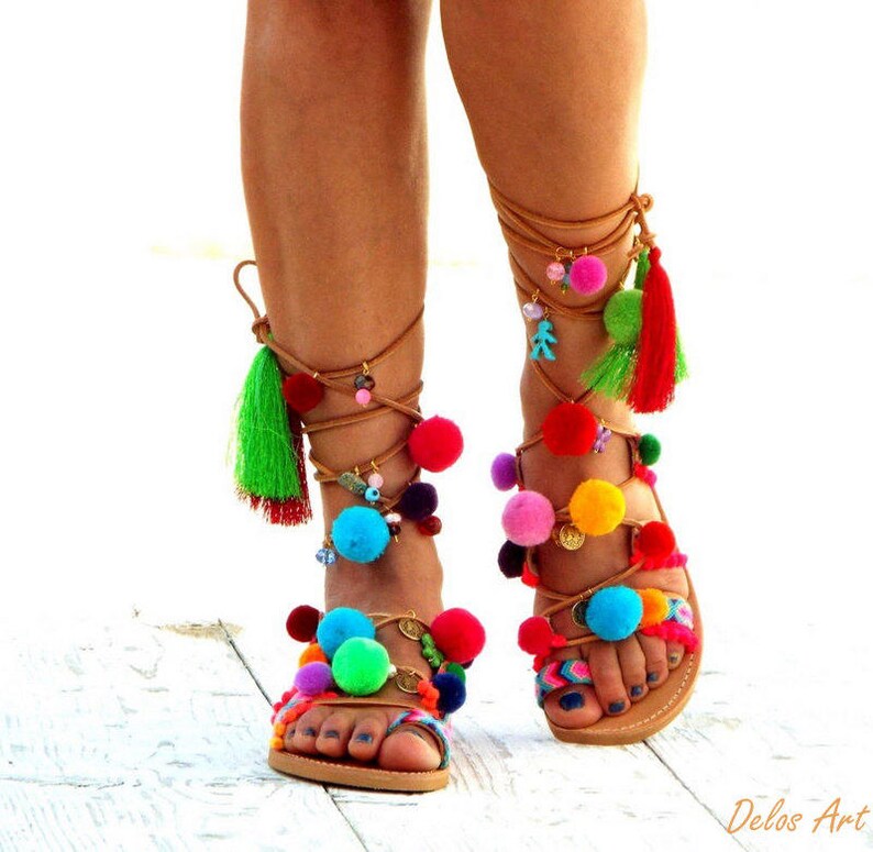 Pom Pom Sandals Greek Sandals beaded sandals Gladiator sandals bohoMade with love \\Armonia\\ Colorful Sandals Leather Sandals