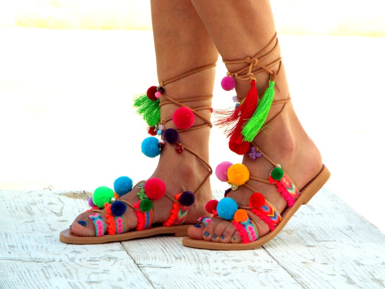 Pom Pom Sandals Greek Sandals beaded sandals Gladiator sandals bohoMade with love \\Armonia\\ Colorful Sandals Leather Sandals