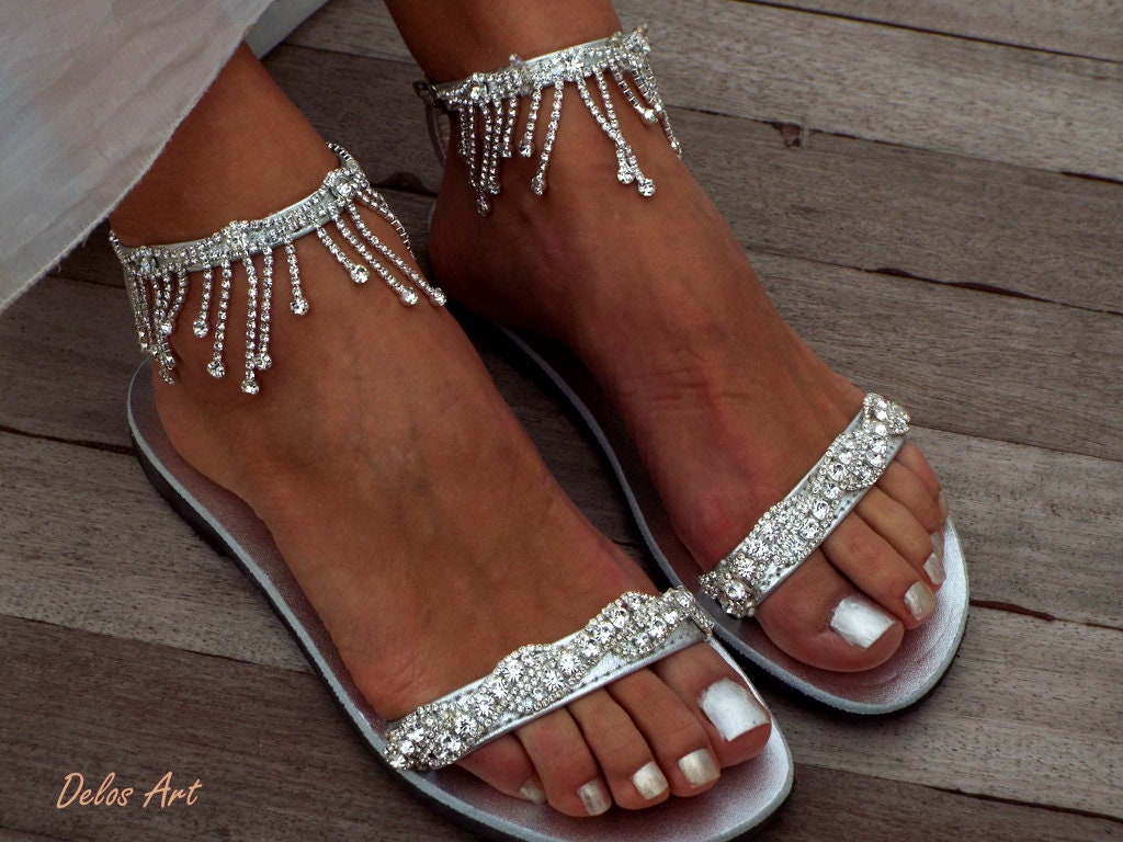Crystal Silver Bridal Sandals Leather Sandals Beach Wedding