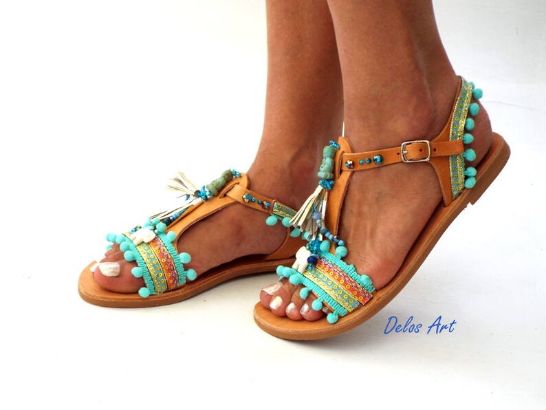 boho Sandals Blue leather Sandals \\Gaia\\ Ancient Greek Sandals Pom Pom sandals Sandals hippie leather shoes barefoot Summer shoes