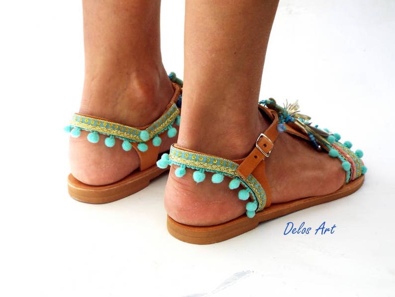boho Sandals Blue leather Sandals \\Gaia\\ Ancient Greek Sandals Pom Pom sandals Sandals hippie leather shoes barefoot Summer shoes