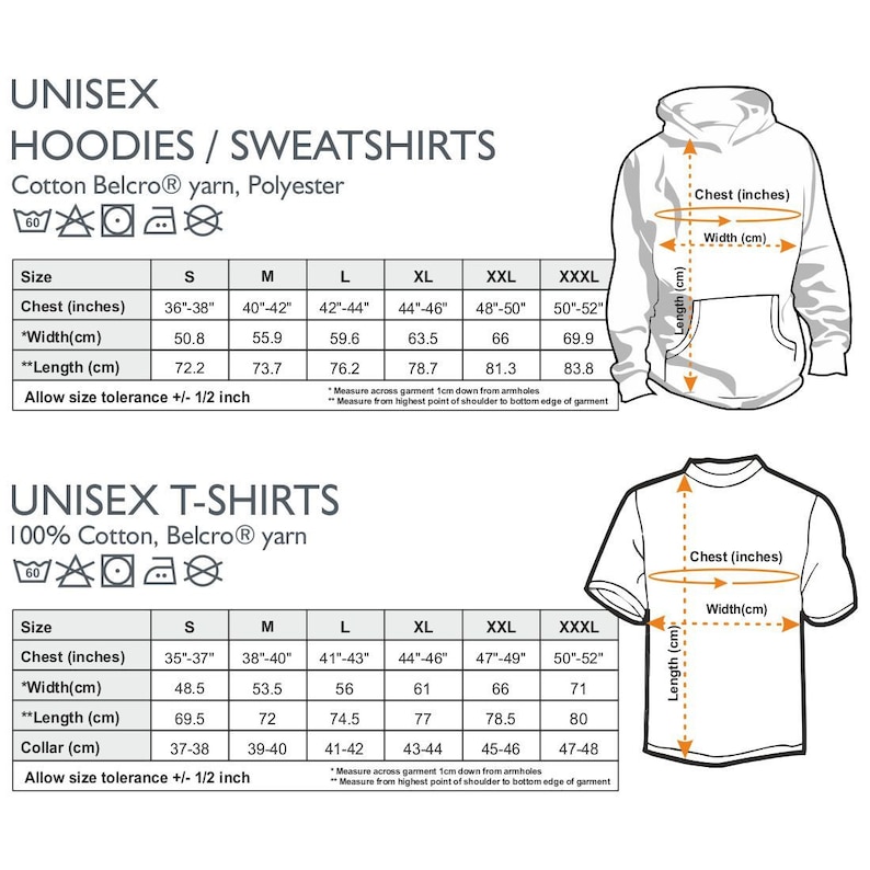 May include: Size chart for unisex hoodies, sweatshirts, and t-shirts. The chart shows measurements in inches and centimeters for chest, width, length, and collar. The chart also includes care instructions and size tolerance information.