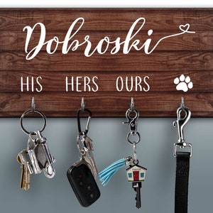 Personalized Key Ring Holder, Key Holder, His Hers Ours Dog Paw Family Name Key Rack, Couples Key Hanger, Housewarming Gift, Leash Holder image 1