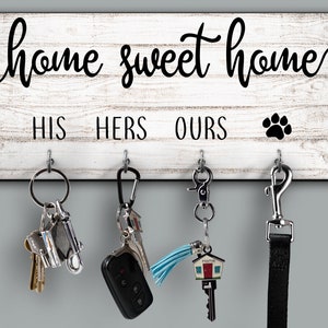 Home Sweet Home Personalized Key Holder, Housewarming Gift, Quote Key Holder, His Hers Ours Dog Paw Family Name Key Rack, Newlywed Gift
