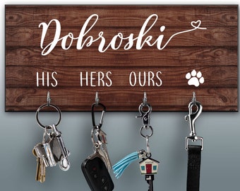 Personalized Key Ring Holder, Key Holder, His Hers Ours Dog Paw Family Name Key Rack, Couples Key Hanger, Housewarming Gift, Leash Holder