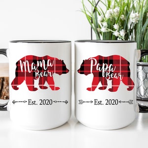 Mama Bear Papa Bear Couples Mugs, Mug Set, Pregnancy Baby Announcement Mugs, Plaid Bear, Christmas Gift For Mom And Dad, Personalized Mug