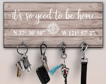 Personalized Key Ring Holder, Address Coordinates Family Key Holder, Home Sweet Home Key Rack, Custom State Key Hanger, Housewarming Gift