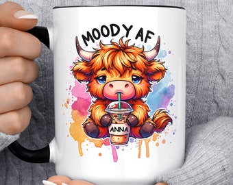 Personalized Moody AF Highland Cow Mug, Funny Coffee Mug, Grim Reaper Name Gift For Christmas, Birthday, For Friend, For Her, Mother's Day