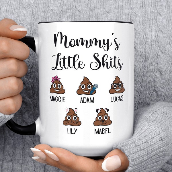 Taza emoji de caca de los pequeños turds de mamá, regalo divertido personalizado para la taza de mamá, regalo del día de la madre para mamá, taza de café divertida, personalizada