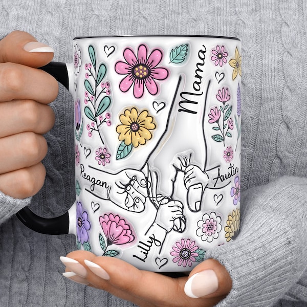 Mama's Holding Hands Hand Mug, Personalized Funny Gift For Mom Mug, Mother's Day Gift For Mom, Funny Coffee Mug, Customized Fingers Flowers