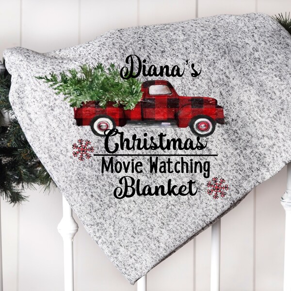 Grey This Is My Christmas Movie Watching Blanket, Personalized, Custom, Christmas Movie Watching Fleece Sweater, Buffalo Plaid Tree Truck
