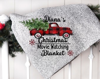 Grey This Is My Christmas Movie Watching Blanket, Personalized, Custom, Christmas Movie Watching Fleece Sweater, Buffalo Plaid Tree Truck