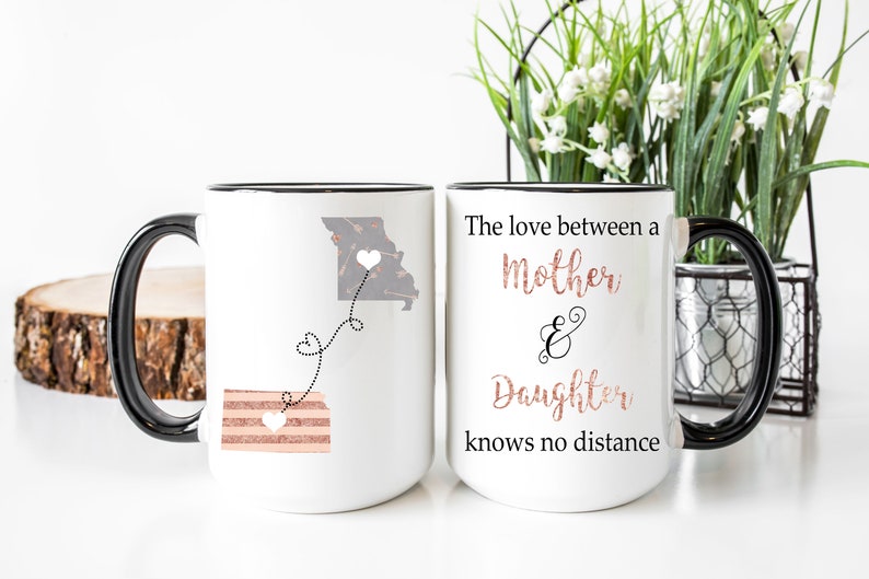 Long Distance Mug For Mom, The Love Between A Mother And Daughter Knows No Distance, Moving Mug For Daughter, Christmas Gift, Mother's Day 15oz Black Rim/Hndle