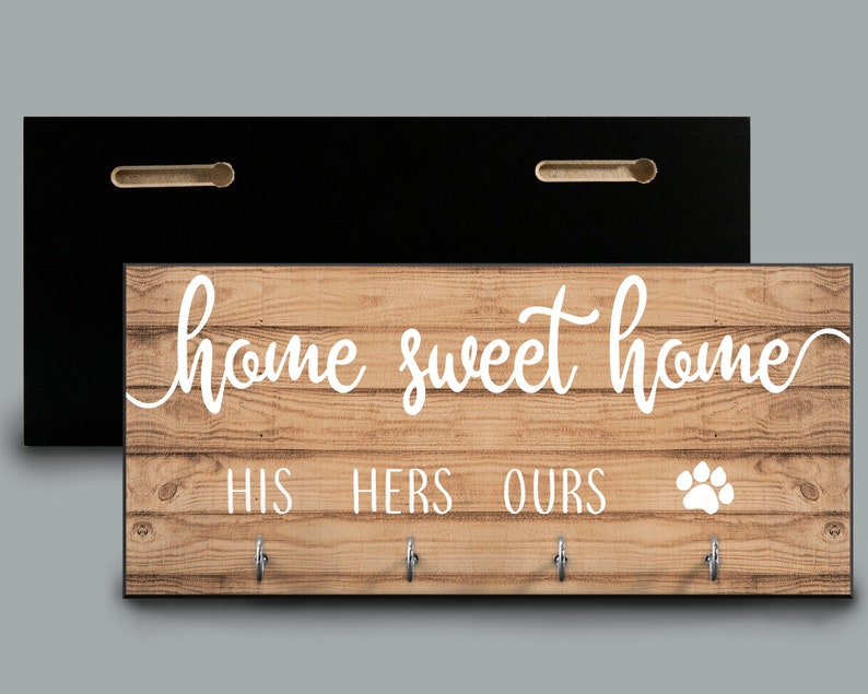 Home Sweet Home Personalized Key Holder, Housewarming Gift, Quote Key Holder, His Hers Ours Dog Paw Family Name Key Rack, Newlywed Gift image 2