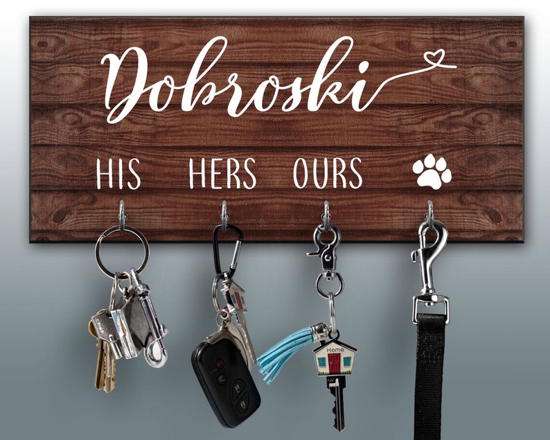 Personalized Key Ring Holder, Key Holder, His Hers Ours Dog Paw Family Name Key Rack, Couples Key Hanger, Housewarming Gift, Leash Holder image 1