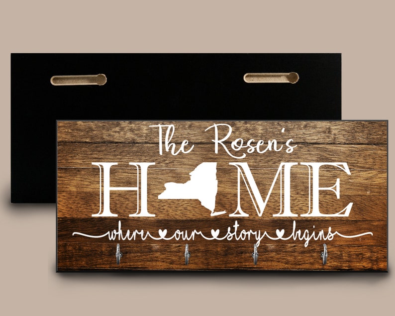 Personalized Key Ring Holder, Where Our Story Begins Family Key Holder, Home Sweet Home Key Rack, Custom State Key Hanger, Housewarming Gift image 2