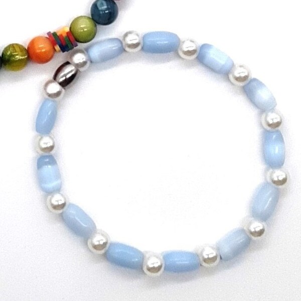 Bracelet blue barrel beads cat eye stretch bracelet stack faux pearl bracelet light blue bracelet for her handmade pretty bracelet 6 1/2