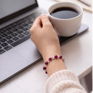 Frosted Ruby Rosary Style Bracelet | Adjustable Silver Chain Bracelet | Handmade Beaded | Minimalist Gift for Her | July Birthstone Color