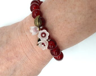 Red stretch bracelet with lily charms bronze leaves 2 sizes to choose from 8mm beaded bracelet silver spacer women&#39;s bracelet handmade