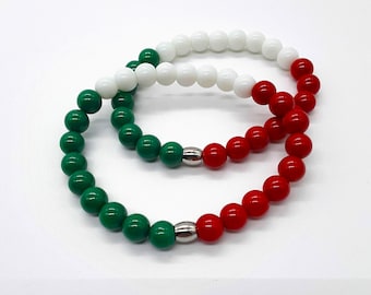 Handmade green white and red bracelets large 8mm glass bead bracelets for him or her bracelet handmade