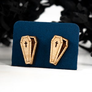 Coffin Casket Earrings - Oak Veneer Alternative Halloween Jewellery Studs