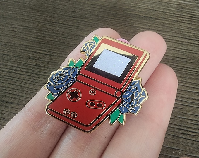 Retro Red Flower Gamer Pin "Blue Rose Handheld"