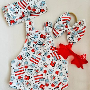 4th of July Baby Overalls: Organic Knit Cotton Bummies, Bow