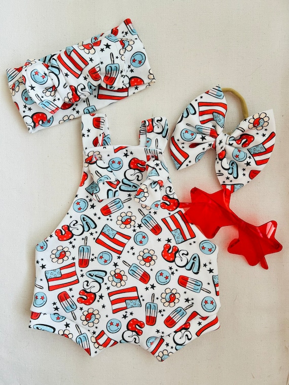 4th of July Baby Overalls Bummies USA Overalls USA Bummies Independence Day Baby Clothes Patriotic Baby Bummies Bow Overalls