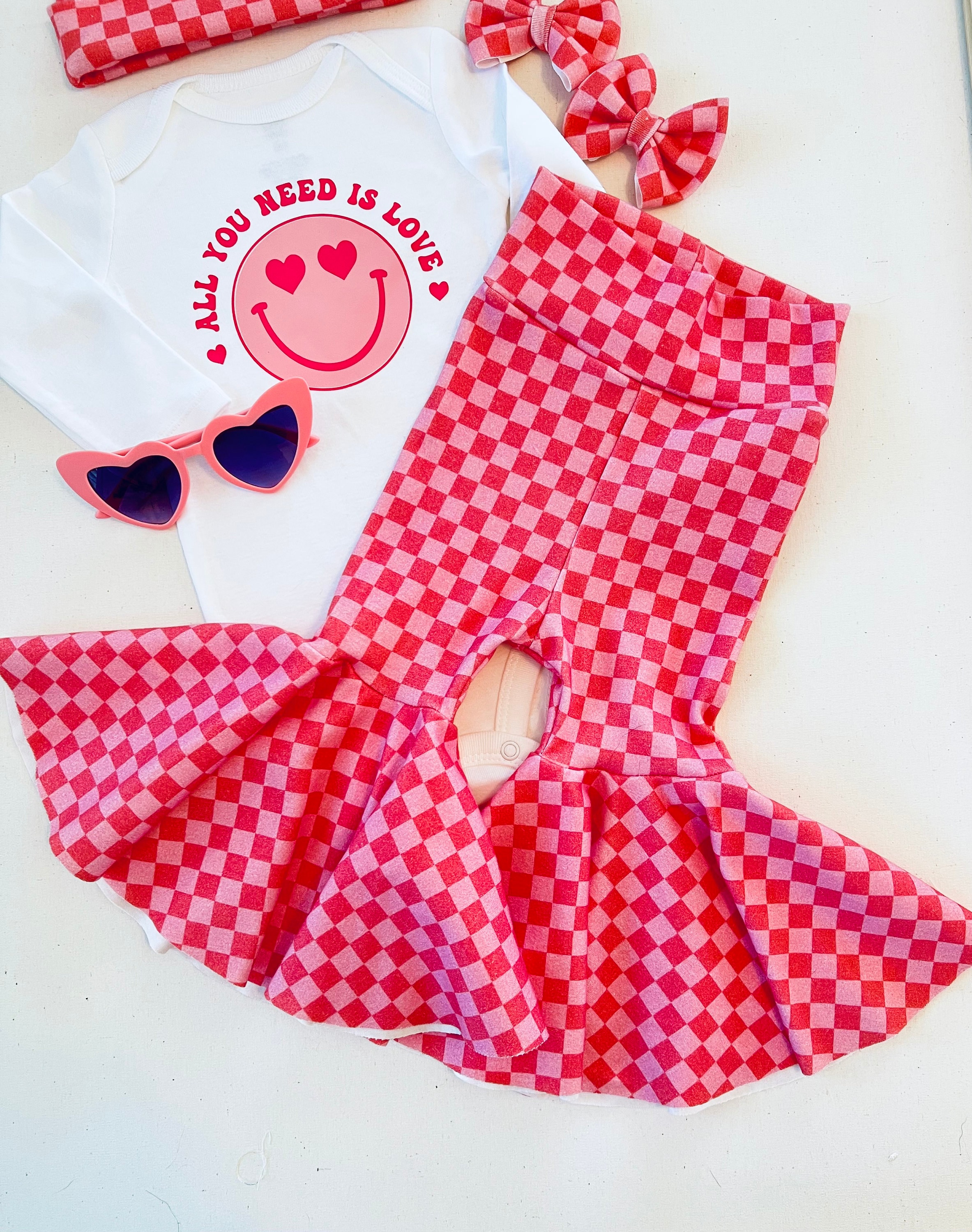 Hot Pink Checkered Baby Bell Bottoms: Valentine's Day Organic Cotton Bummies