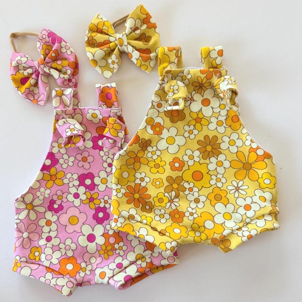 Boho Flower TieKnot Overalls, Retro Floral Overalls, Baby Bummies, Chunky Bows,