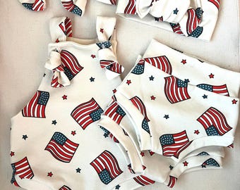 USA Flag Baby Overalls & Bummies Set – Organic Knit 4th of July