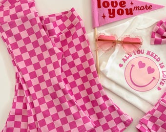Pantalones acampanados de San Valentín, pantalones a cuadros rosas, ropa para niña