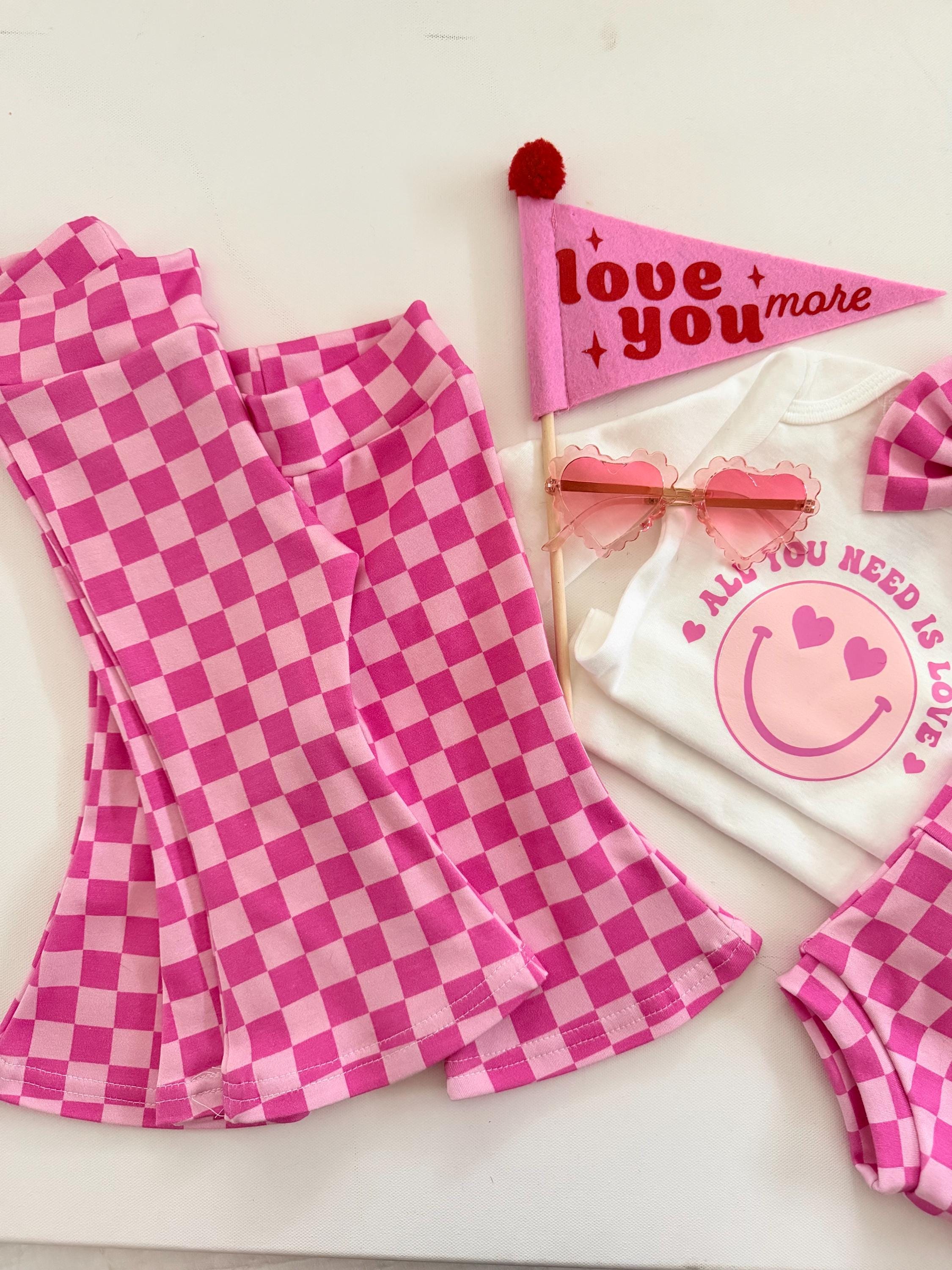 Valentines Bummies, Flare pants, Pink Checkered Pants, Baby Girl clothing