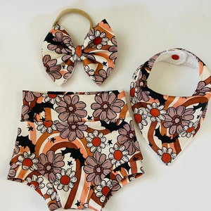 Halloween Bummie Set: Boho Floral Bat Print, Organic Knit (Bow & Bib)