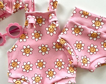 Groovy Baby Bummies Set: Happy Face Flower, Organic Knit Cotton