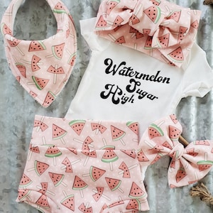 Watermelon Bummie Set: Organic Knit Baby Bloomers, Bow & Bib