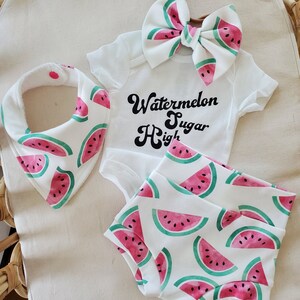 Watermelon Bummie Set: Organic Knit Baby Bloomers, Bow, Bodysuit