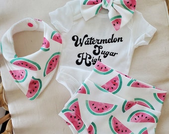 Watermelon Bummie Set: Organic Knit Baby Bloomers, Bow, Bodysuit