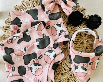 Pink Cow Bummie Set: Organic Knit Baby Bummies, Bow & Bib