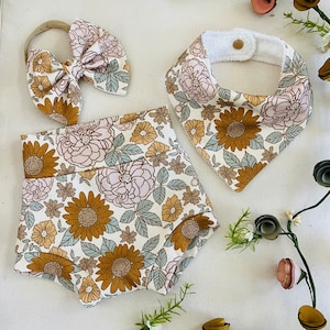 Floral Bummie Set: Organic Knit Baby Bloomers, Bow & Bib