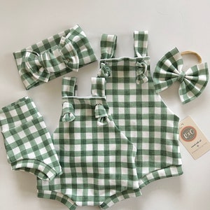 Gingham Baby Overalls Set: Organic Knit Bummies, Bow & Beanie