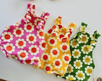 Boho Baby Overalls Or Bummie Bottoms both with matching bows  Retro Flower Organic Cotton