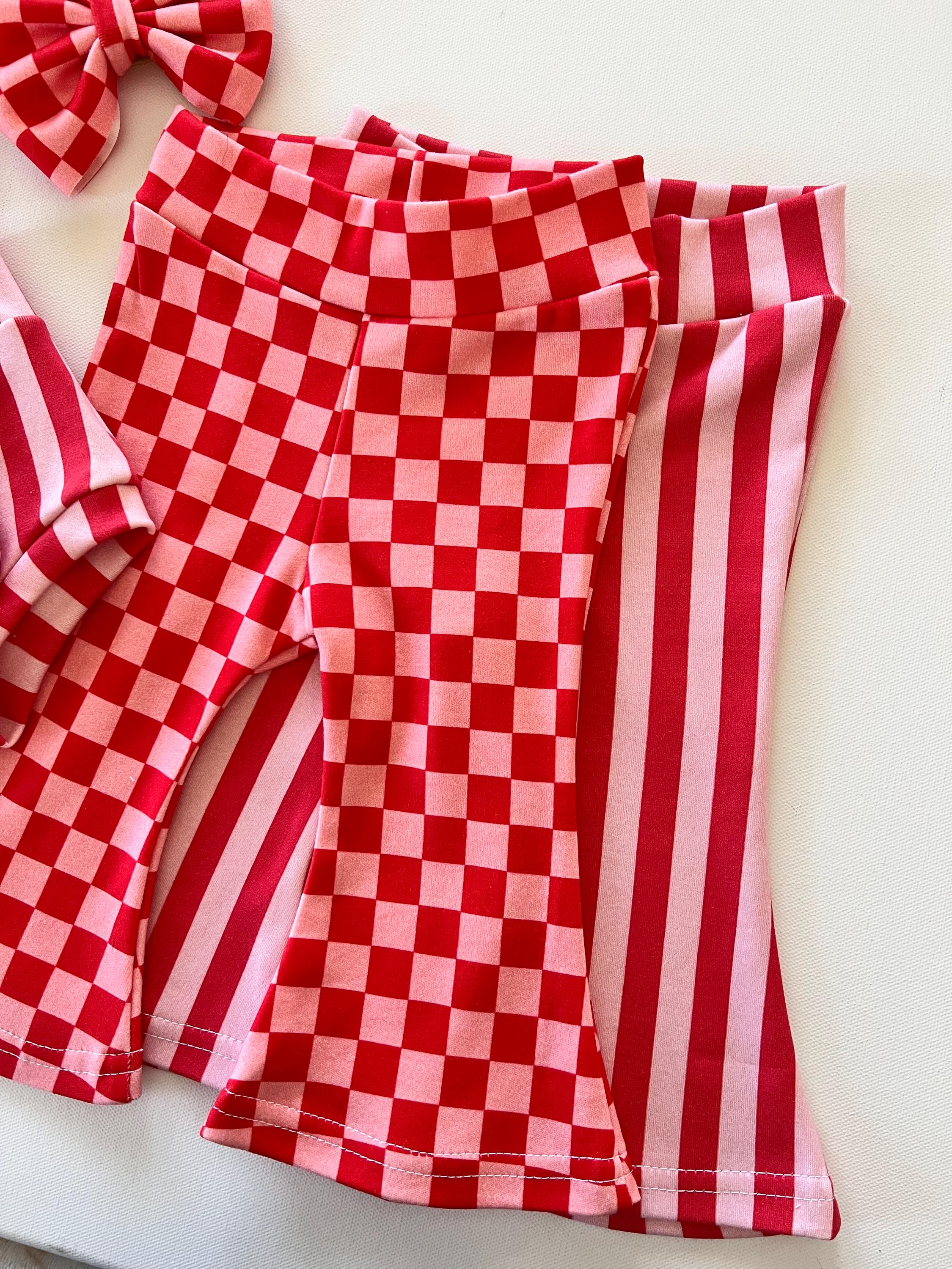 Retro Pink & Red Checkered Flare Pants, Baby Girl Bummies