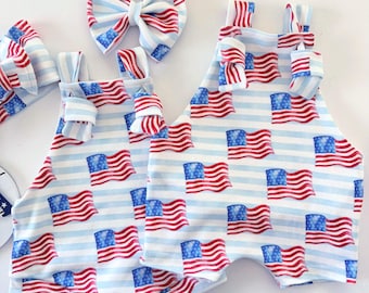 4th of July Flag Baby Overalls, Gender Neutral, Boy or Girl Overalls, Bow and Chunky TieKnot Headwrap