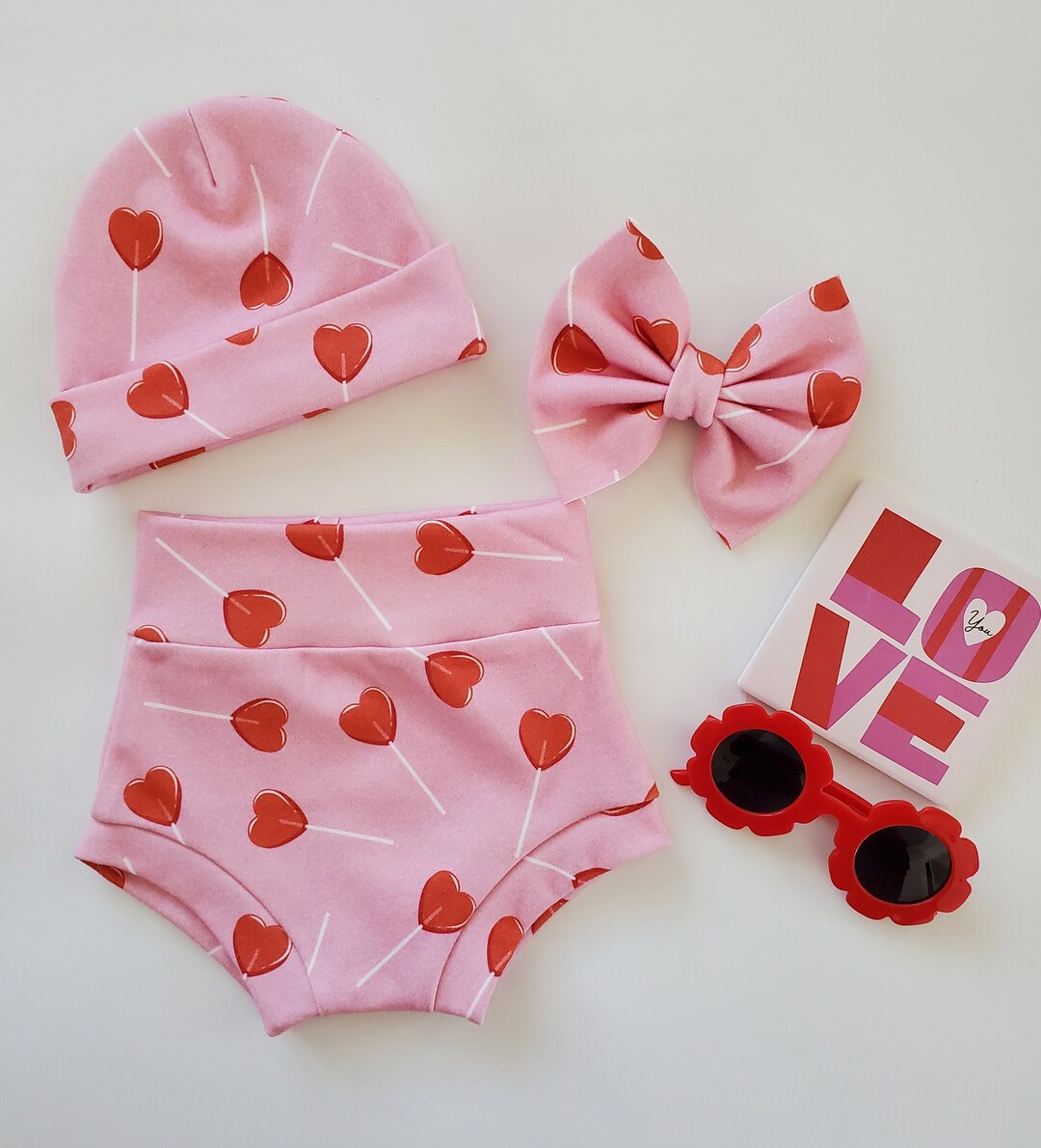 Valentine's Baby Bummie, Beanie, Bow, Bummie Set, Baby Girl Bummie