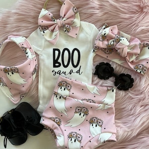 Pink Ghost Bummie Set: Baby Halloween Outfit with Bow