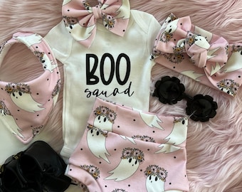 Pink Ghost Bummie Set: Baby Halloween Outfit with Bow
