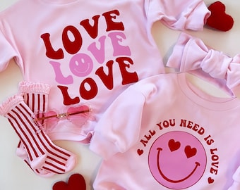 Valentine's Baby Romper, Oversize Sweater Romper, Valentine's Baby Clothes, Pink Knit Romper, LOVE Valentines' Day graphic sweatshirt Romper