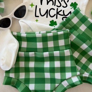 St. Patrick&#39;s Baby Bummie Set: Green Gingham, Bow