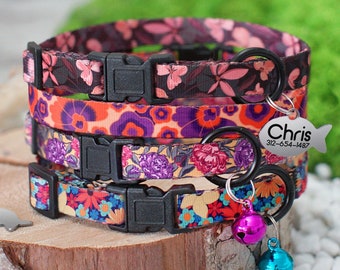 Breakaway Cat Collar - 4 Floral Prints, Personalized Pet Collars with Bell, Safety Kitten Collars, Boy Girl Cat Collar Flower Patterns